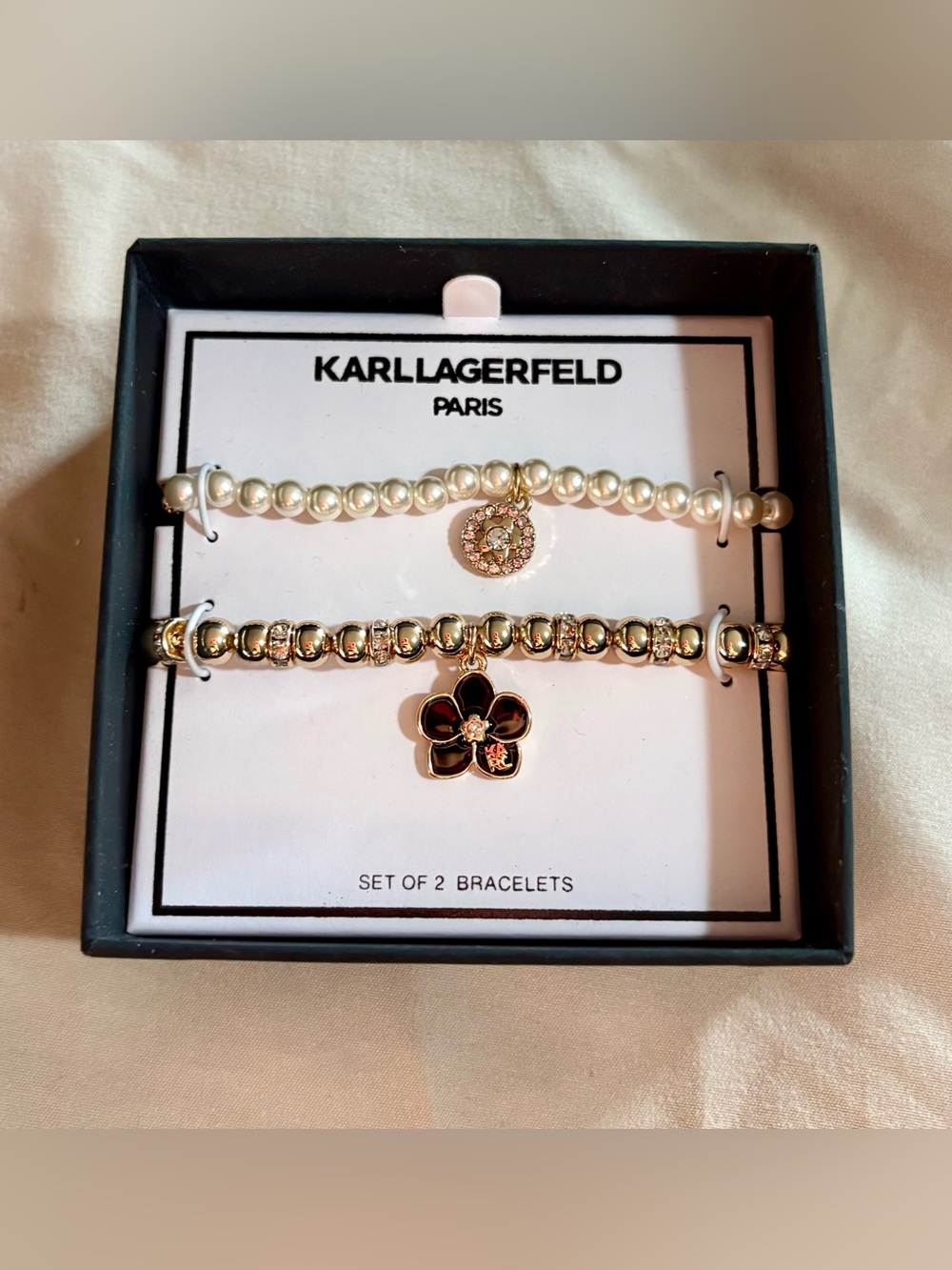 Karl Lagerfeld Paris Orchid Charm 2-Pc Beaded Bracelet Set NIB